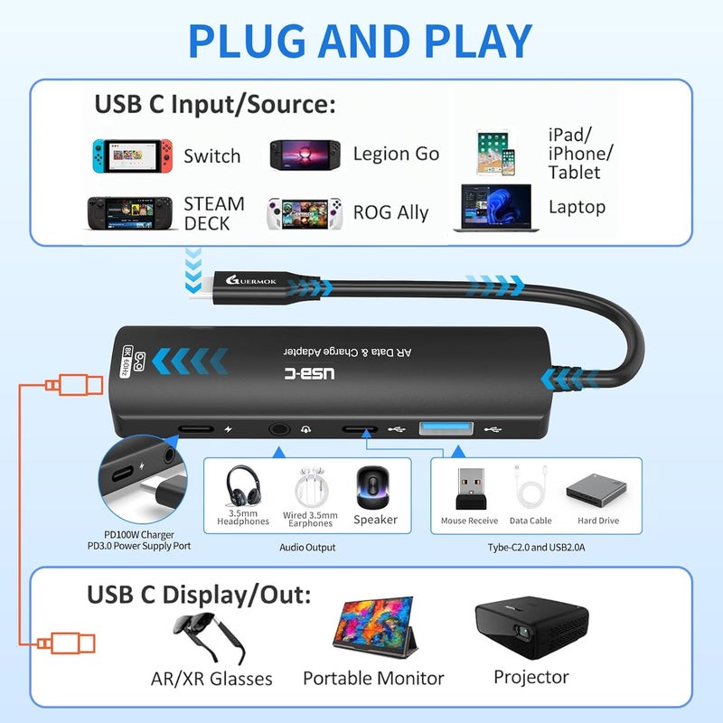 Guermok 5-in-1 USB-C to AR Glasses Adapter, 100W PD Fast Charging, 8K@60Hz Video, USB/USB-C Ports – Works with AR Glasses Devices, Handheld Consoles, Switch, USBC Phones and Laptops, Black - Image 4